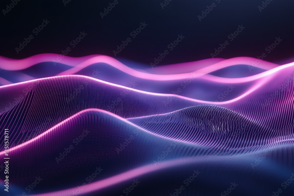 Colorful waves undulate in an abstract digital landscape, showcasing vivid shades of pink and blue. This striking design evokes a sense of fluidity and movement, emphasizing modern aesthetics.