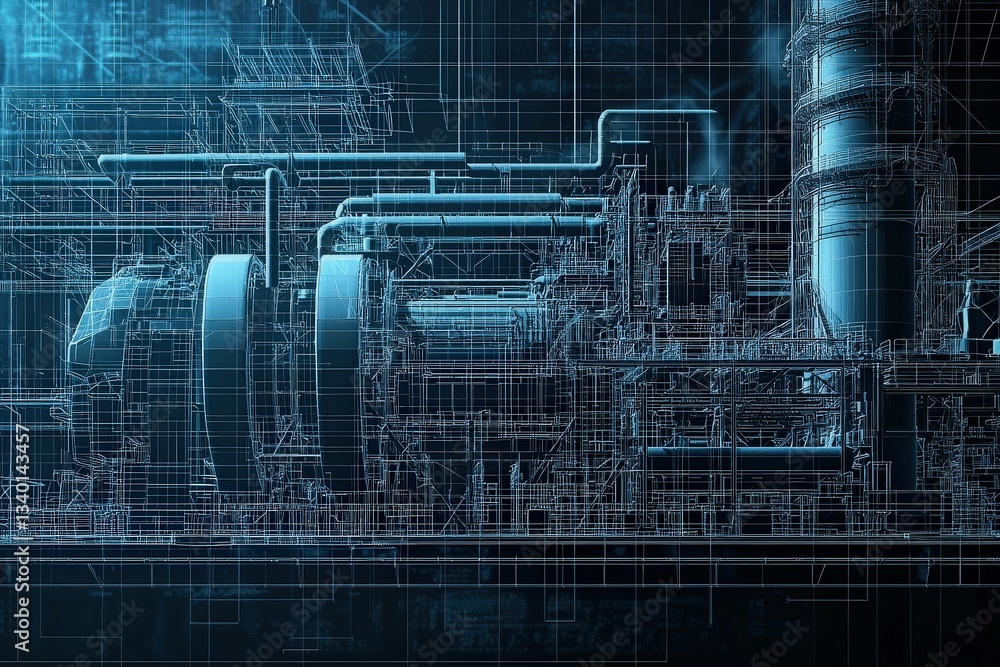 Complex industrial machinery is illustrated with intricate blue lines in a high-tech environment.