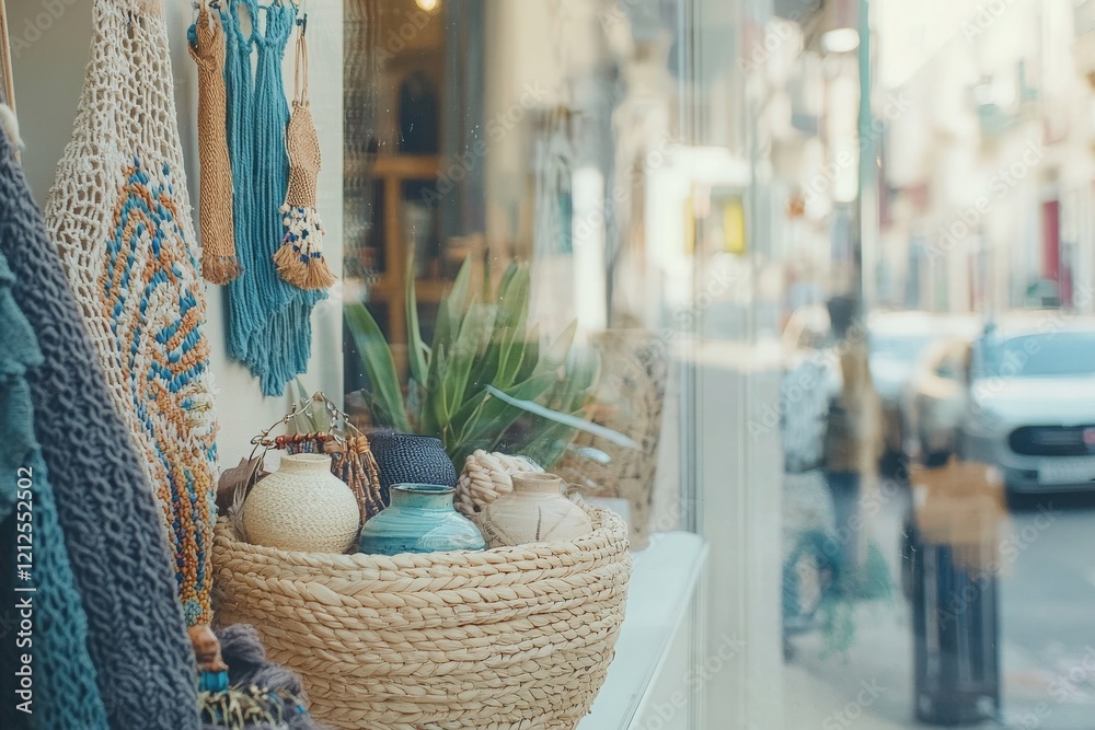 Crafts and decorative items including baskets, vases, and textiles are showcased in a shop window. The street view reveals a bright and inviting atmosphere with passing cars.
