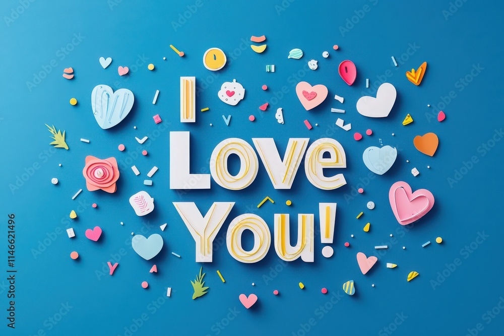 Creative arrangement of vibrant letters and playful shapes features the message I Love You. The design uses various colors and textures to convey warmth and joy.