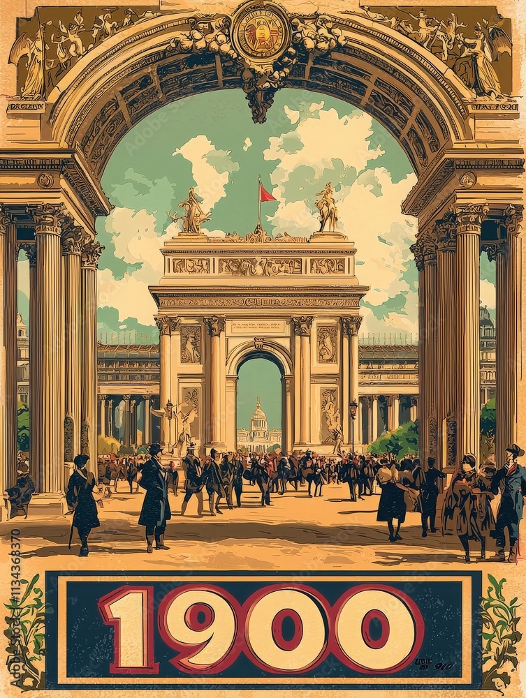 Crowds gather at a grand archway adorned with statues and flags, celebrating a significant event in 1900. Buildings and trees frame the lively scene under a vibrant sky.