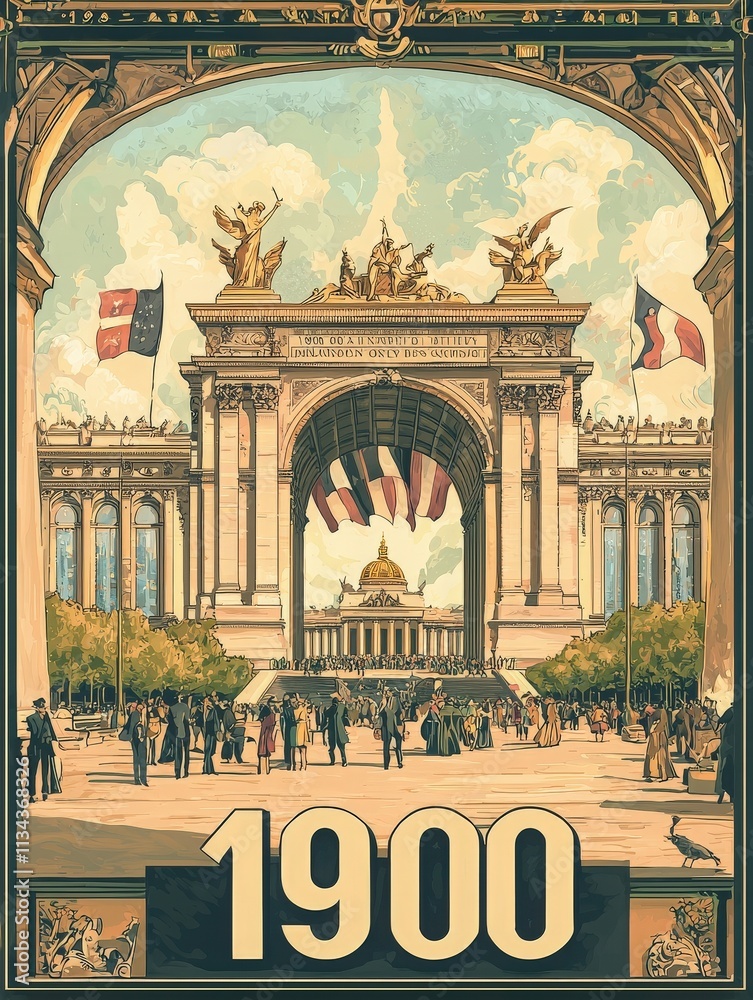 Crowds gather beneath a grand arch adorned with sculptures, celebrating an event in 1900. Flags of France and other nations proudly display in the background, surrounded by trees.