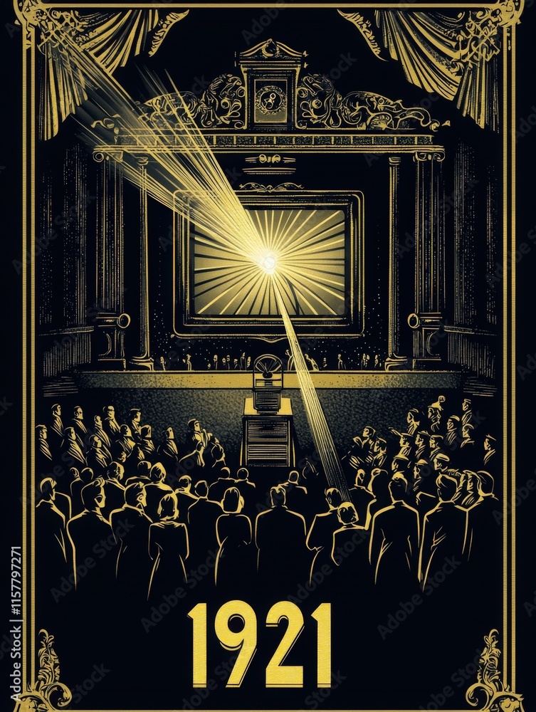 Crowds gather in a grand theater, illuminated by stage lights, as a presentation begins. The atmosphere is filled with anticipation for the event that is about to unfold.