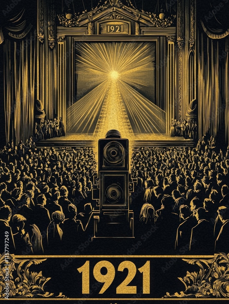 Crowds gather in a grand theater in 1921, entranced by a spectacular performance. A vintage camera captures the moment, highlighting the enthusiasm of the audience and the dazzling stage lights.