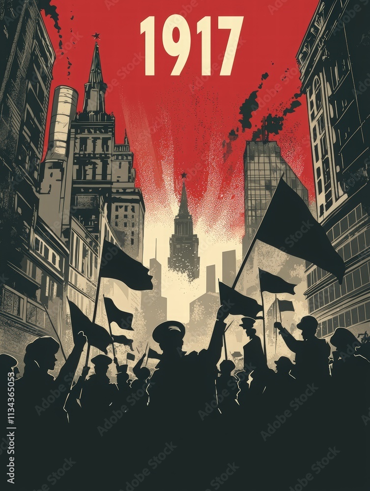 Crowds gather in an urban area, holding flags and banners as they celebrate a significant revolution in 1917.