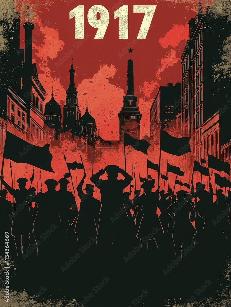 Crowds gather in dramatic protest during 1917, waving flags and raising arms against a fiery red sky. Iconic buildings loom in the background, symbolizing a pivotal moment in history.