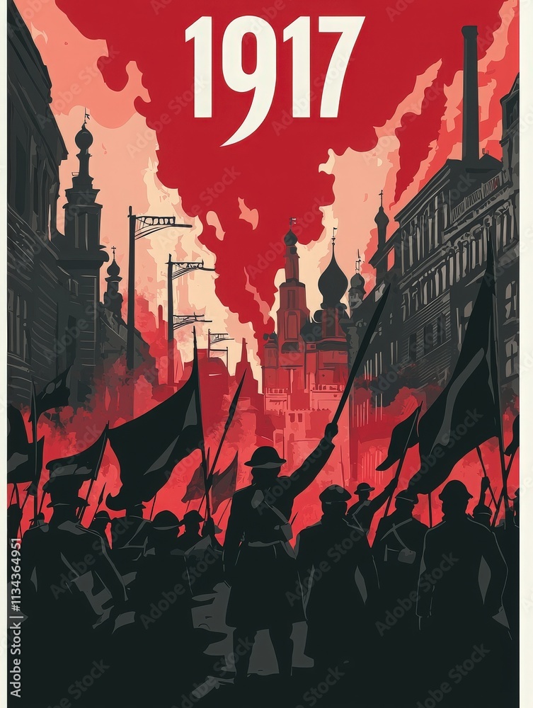 Crowds gather in the streets, waving flags with fervor as smoke billows above. The backdrop features historical buildings and a distinct tower, signifying a key revolutionary event in 1917.