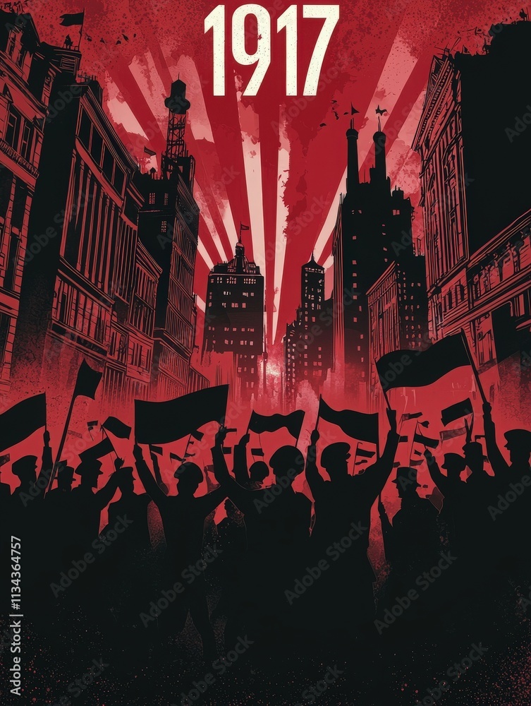 Crowds gather with flags raised high in a dramatic display of solidarity, set against a backdrop of towering buildings and striking red rays, symbolizing a revolution in a historic city.