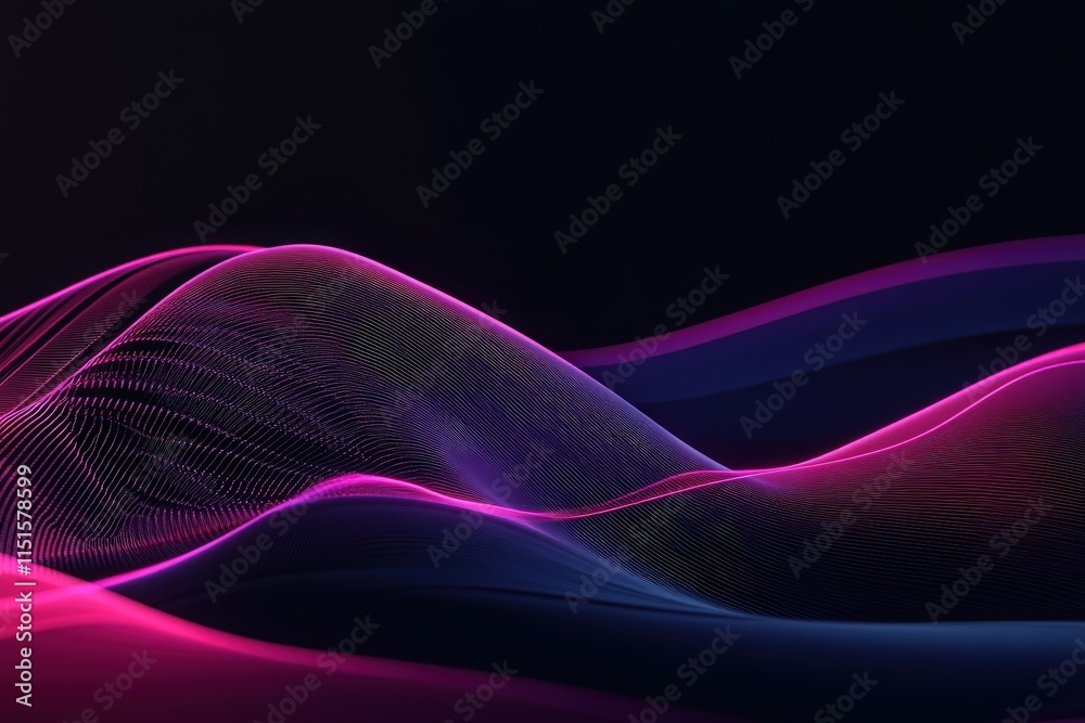 Curved lines in vibrant shades of pink and purple flow gracefully across a dark backdrop, creating a captivating visual of movement and energy. The design evokes a sense of rhythm and dynamism.