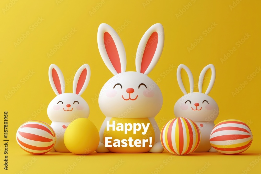 Cute bunnies with cheerful expressions are surrounded by colorful Easter eggs against a bright yellow background. This festive arrangement captures the joy of the Easter holiday.