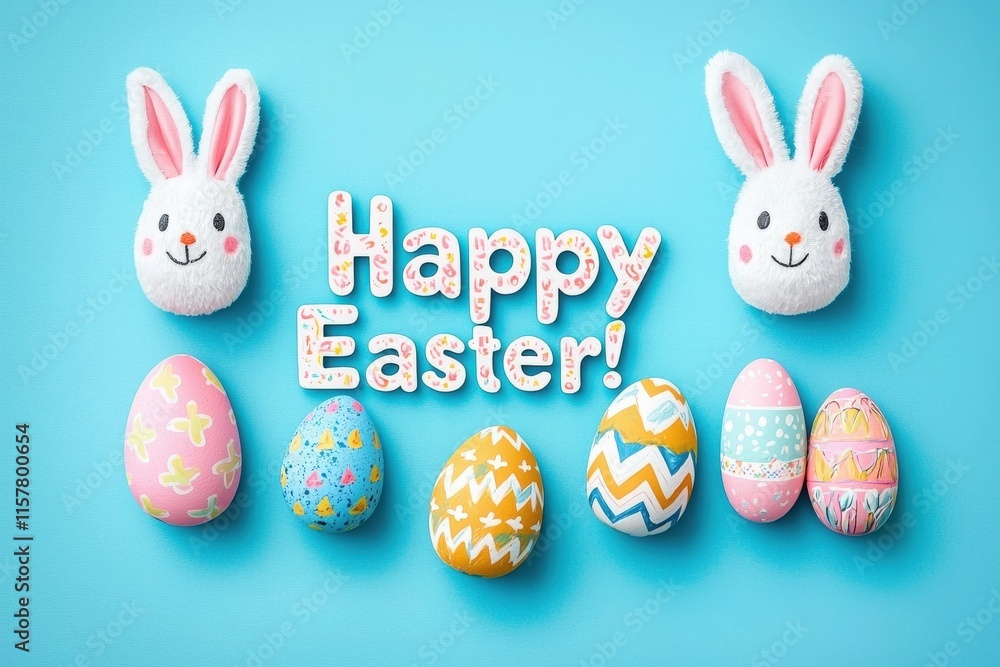 Cute bunny faces and vibrant Easter eggs are arranged on a bright blue background, creating a festive atmosphere. The colorful eggs showcase various fun patterns, celebrating the spirit of Easter.