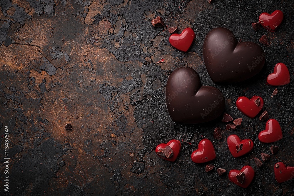 Dark chocolate hearts and red heart-shaped candies are artistically arranged on a rustic textured surface, perfect for romantic gifts or celebrations like Valentines Day.