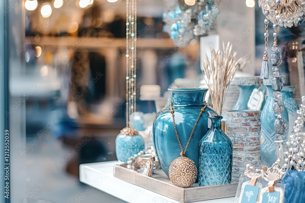 Decorative blue pottery and elegant jewelry adorn the window display of a boutique. The bright sunlight enhances the vibrant colors, attracting passersby to admire the craftsmanship.