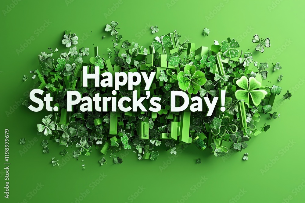 Decorative elements featuring various shades of green showcase motifs like shamrocks and cutouts for St. Patricks Day. These festive designs create a cheerful atmosphere for celebrations.