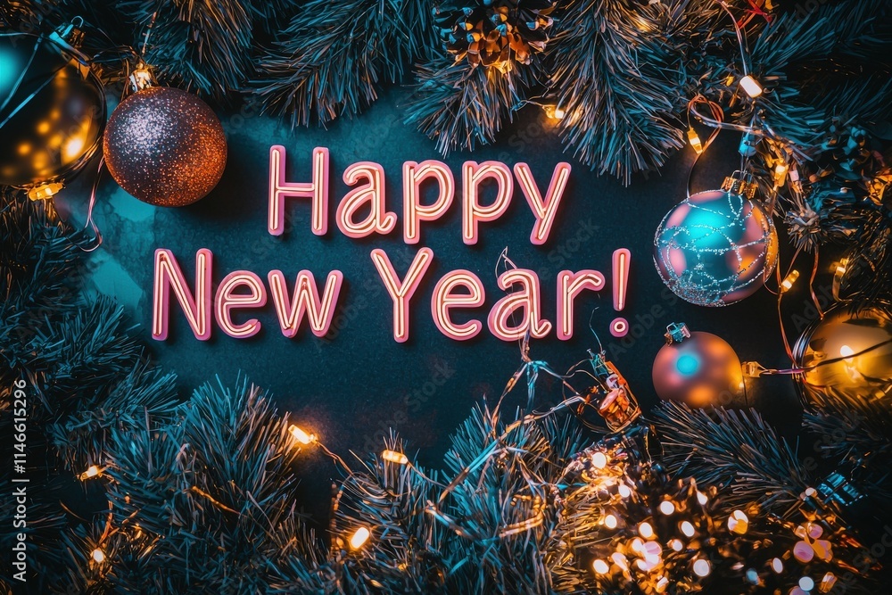 Decorative elements including colorful ornaments and twinkling lights create a joyful backdrop for New Year celebrations. The cheerful greeting adds excitement to the festive setting.