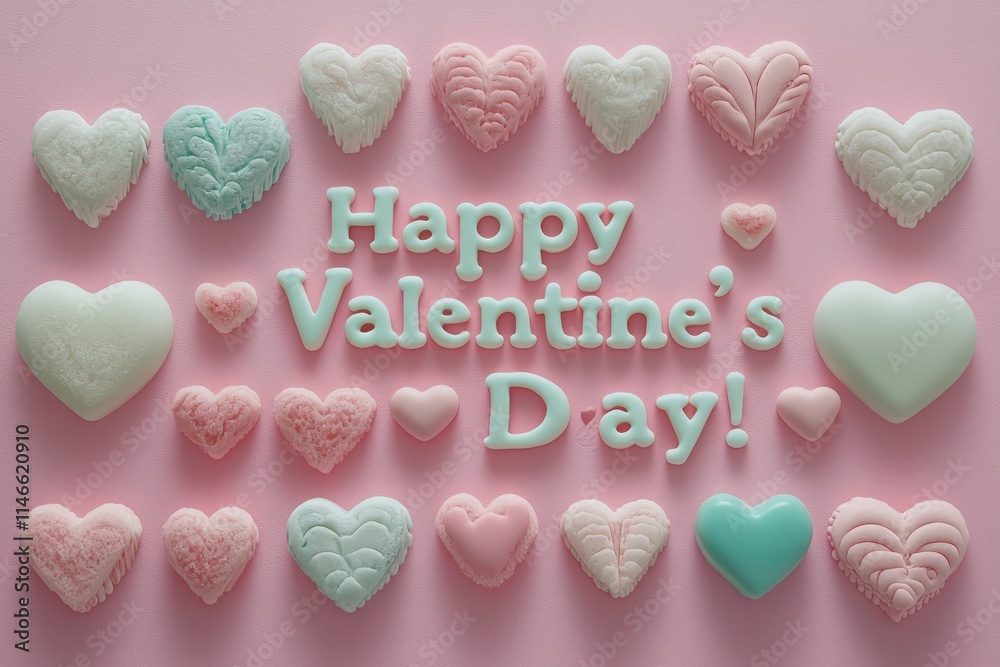 Decorative heart-shaped cookies in soft pastel colors are arranged to celebrate Valentines Day. The festive display includes various intricate patterns and the message Happy Valentines Day!