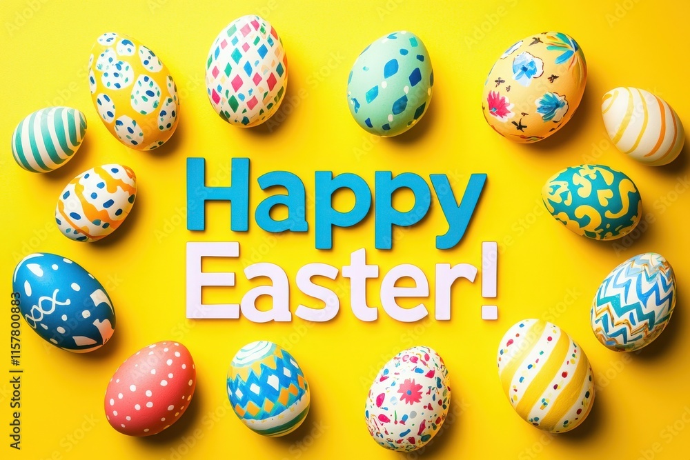 Decoratively painted Easter eggs are displayed in a circular pattern on a bright yellow background. The colorful designs celebrate Easter festivities with joyful themes.
