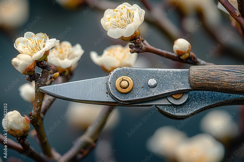 Delicate blossoms are being pruned with hand shears to promote growth in a spring garden. The focus is on the careful cutting of branches to ensure vitality for the trees.