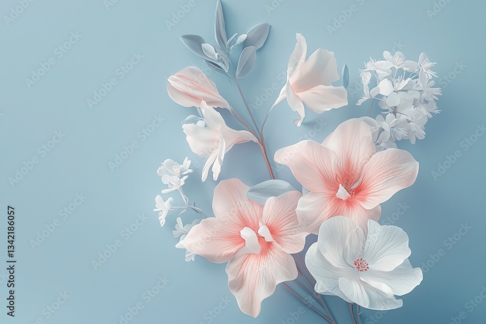 Delicate pastel flowers in shades of pink and white are arranged harmoniously against a soft blue background. This composition is ideal for spring decor or elegant design themes.