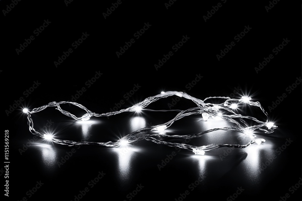 Delicate string lights are tangled on a dark surface, glowing softly in various areas. The warm white light creates a cozy atmosphere perfect for evening gatherings or celebrations.