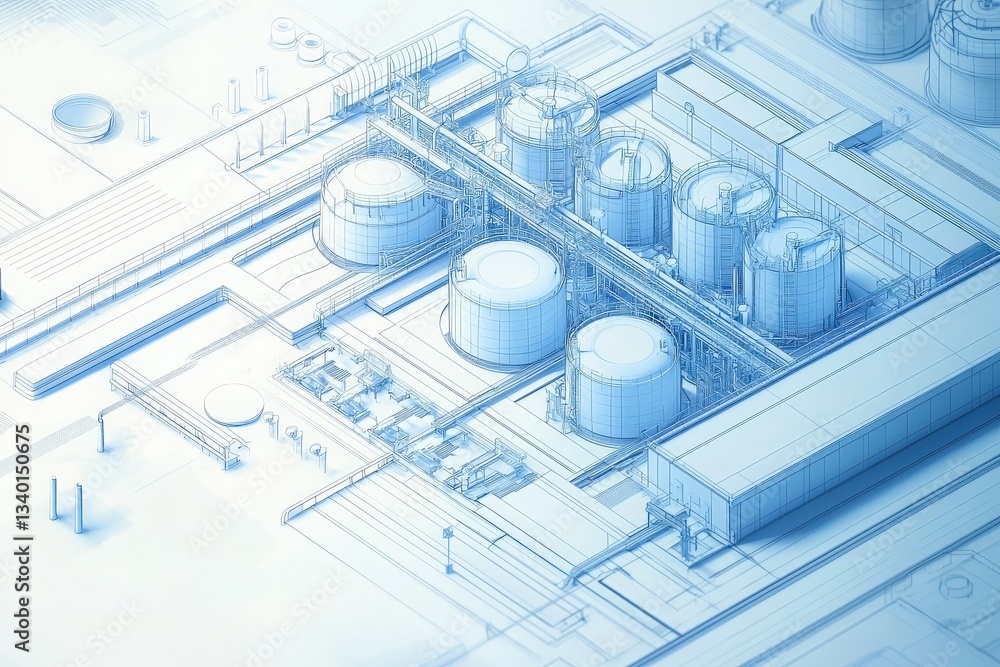 Detailed plan showcases the layout of a modern industrial processing facility, featuring tanks, pipelines, and machinery elements.