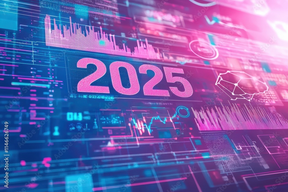 Digital design showcasing technological forecasts for 2025 featuring vibrant graphs, data patterns, and futuristic elements. This representation emphasizes innovation and analytics.