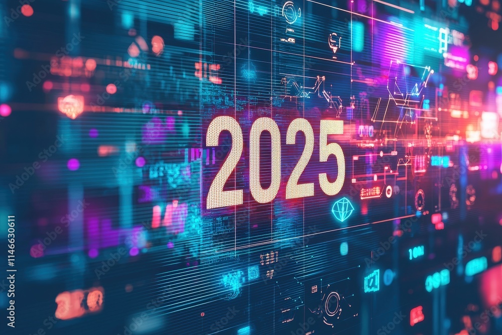Display of the year 2025 in large digits set against a backdrop of colorful digital patterns and symbols, representing futuristic technology and innovation, ideal for tech themes.