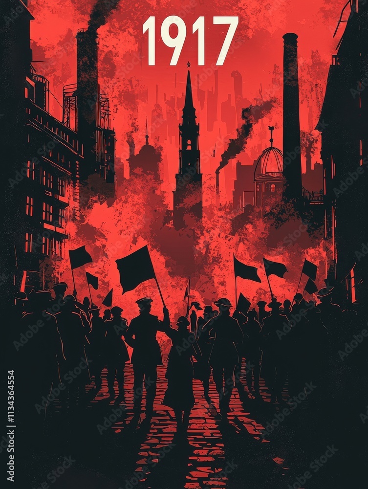Dramatic red skies loom over a dense crowd carrying flags, as they march through a city with historical buildings. The atmosphere suggests a significant event related to revolution and change.