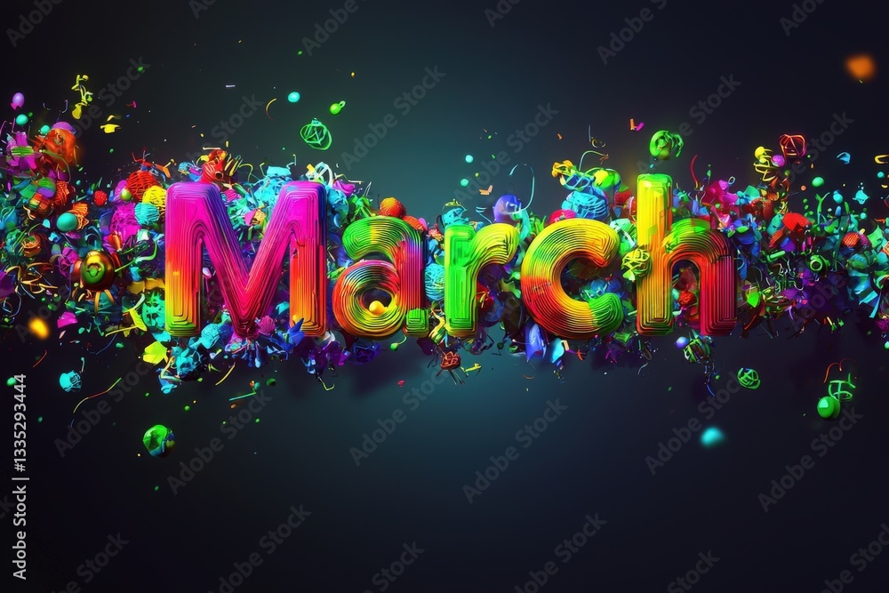 Dynamic display of the word March surrounded by bright, abstract floral motifs and swirling colors, creating a festive atmosphere perfect for welcoming springtime.