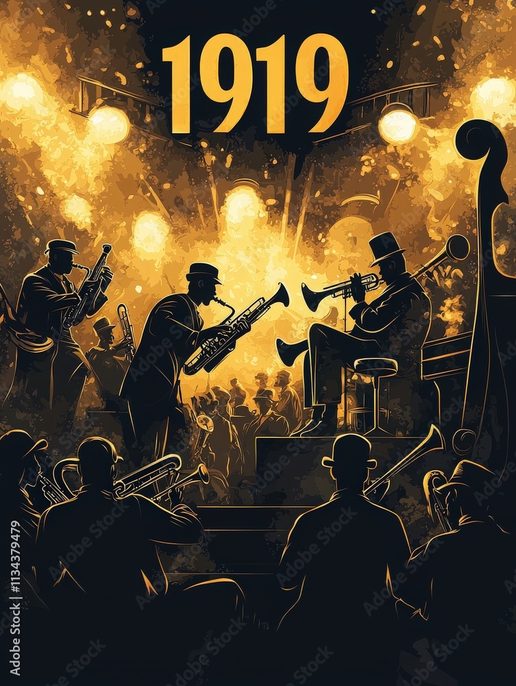 Energetic jazz musicians play instruments on stage under bright lights in 1919. The audience enjoys the lively atmosphere as the band creates captivating melodies.