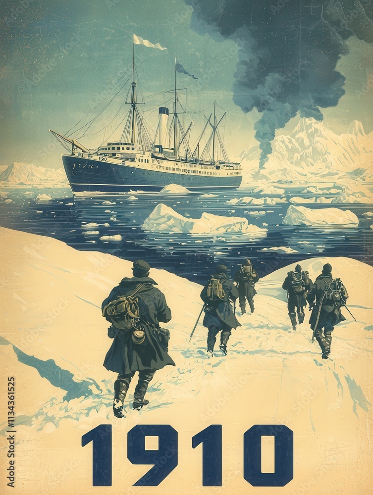 Explorers trek across a snowy landscape towards a large ship in the distance. Icebergs float in the water while smoke billows from the ship, illustrating early 20th-century Antarctic exploration.