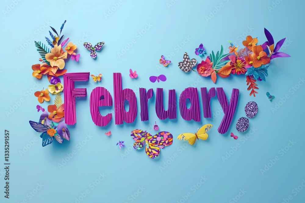 February is displayed in bold purple letters, surrounded by a lively assortment of flowers and butterflies in various colors, set against a light blue background that enhances the cheerful atmosphere.