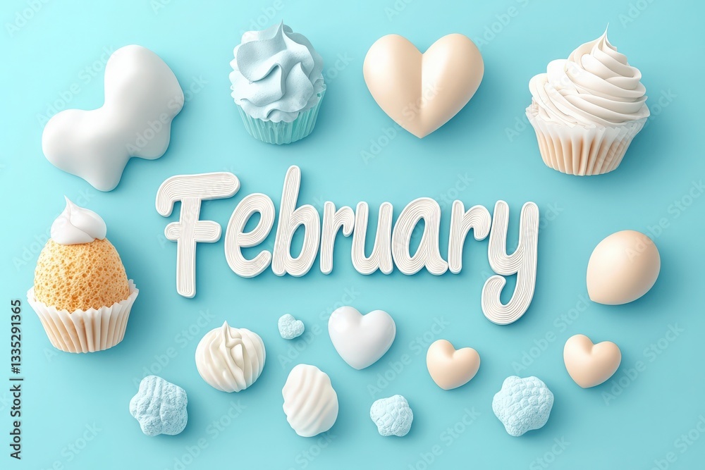 February is represented through an array of pastel desserts, featuring hearts, cupcakes, and fluffy sweets. The soft colors create a delightful celebration of love and warmth.