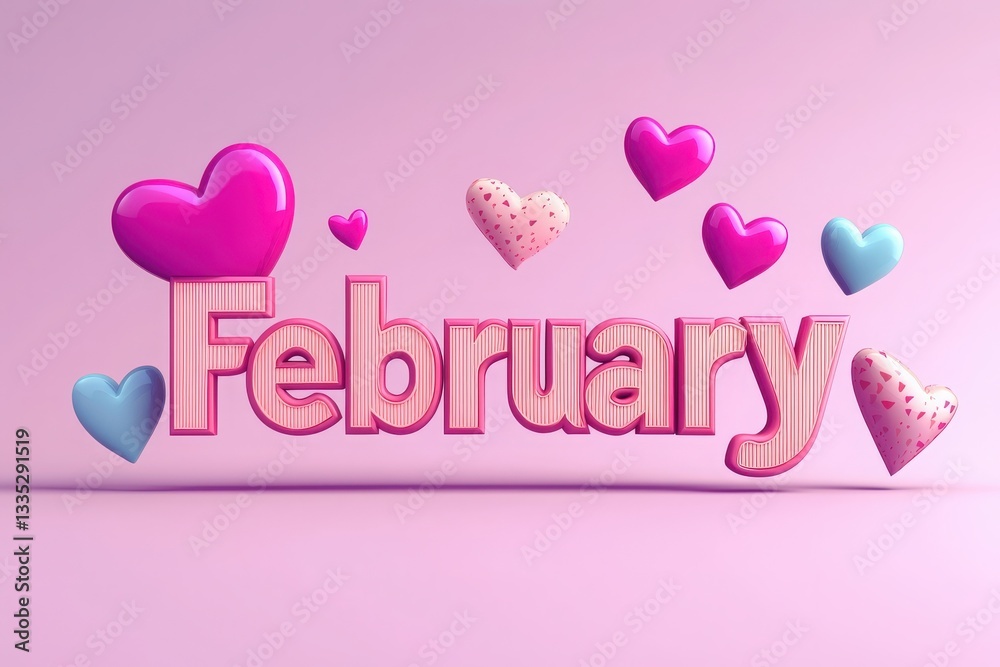 February is represented with vibrant letters and playful heart shapes in pink and blue. The soft colors create a lighthearted atmosphere celebrating love and affection.