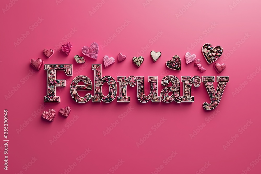 February is spelled out in bold letters surrounded by decorative hearts on a bright pink surface. The colorful design conveys a festive and romantic atmosphere ideal for celebrating love.