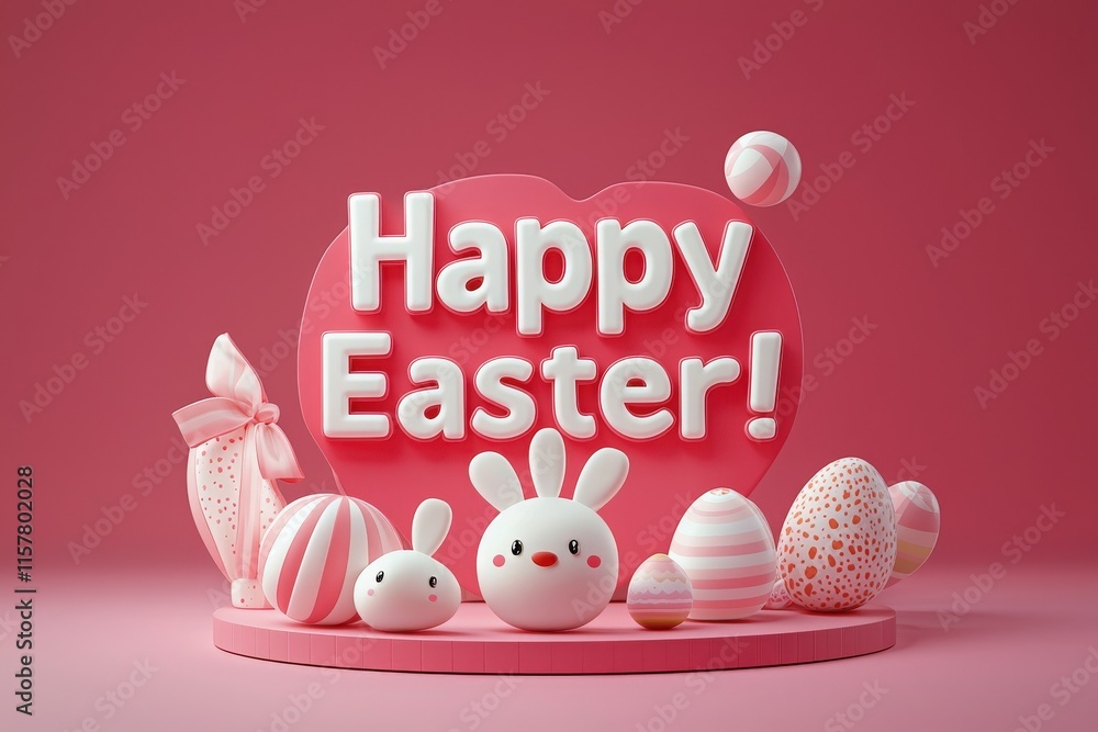 Festive Easter decorations display vibrant colors with cute bunnies and eggs arranged on a bright pink background. The cheerful theme captures the joy of the holiday season.