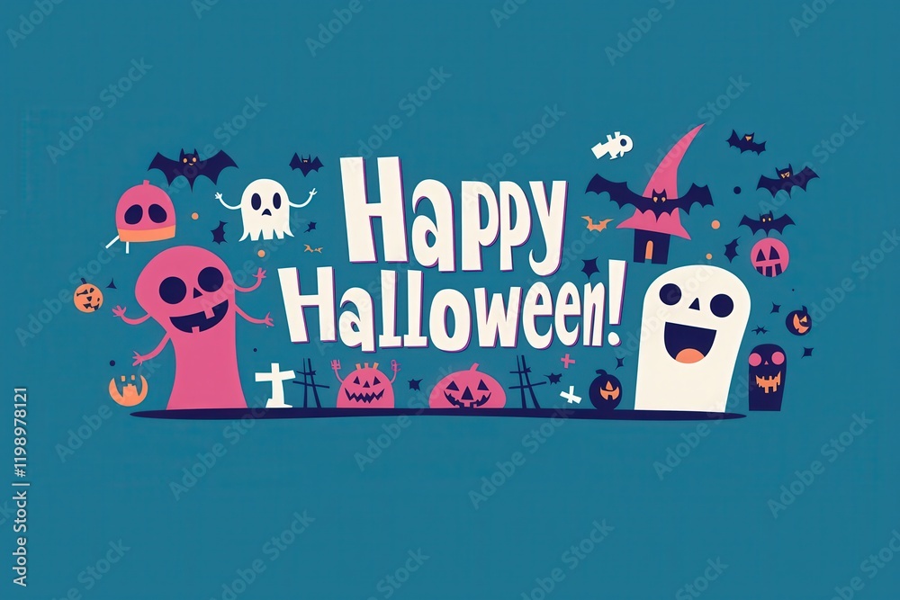 Festive Halloween decoration features playful ghosts, pumpkins, and bats, creating a fun and spooky atmosphere. The vibrant colors and cheerful designs enhance the joyful spirit of the holiday.