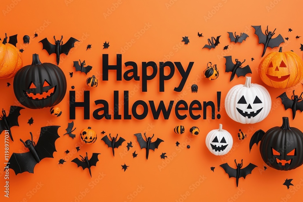 Festive Halloween decorations showcase black and white pumpkins, bats, and cheerful greetings on an orange background, creating an inviting autumn atmosphere for celebrations.