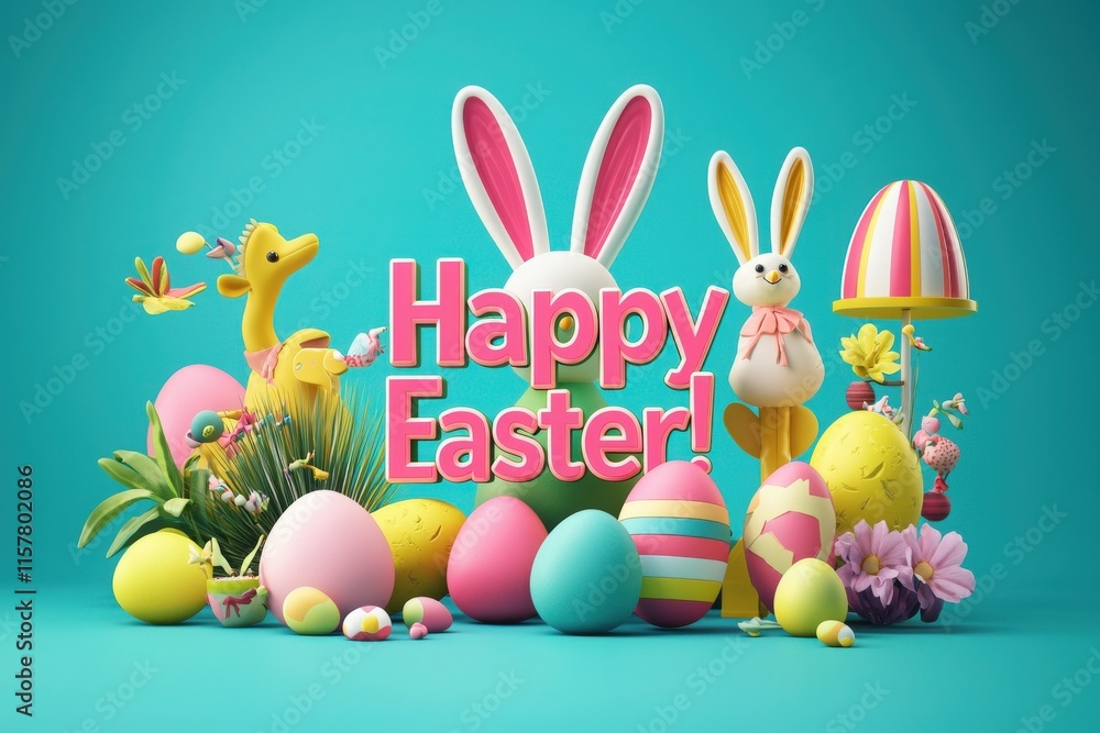 Festive arrangement featuring pastel-colored eggs, decorative bunnies, and vibrant flowers, celebrating Easter. A cheerful atmosphere highlights the joy of the spring season.