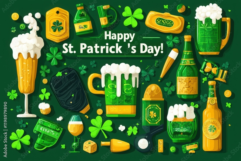 Festive arrangement featuring various drinks and decorations to celebrate St Patricks Day. Green beers, shamrocks, and traditional symbols create a joyful atmosphere for the occasion.