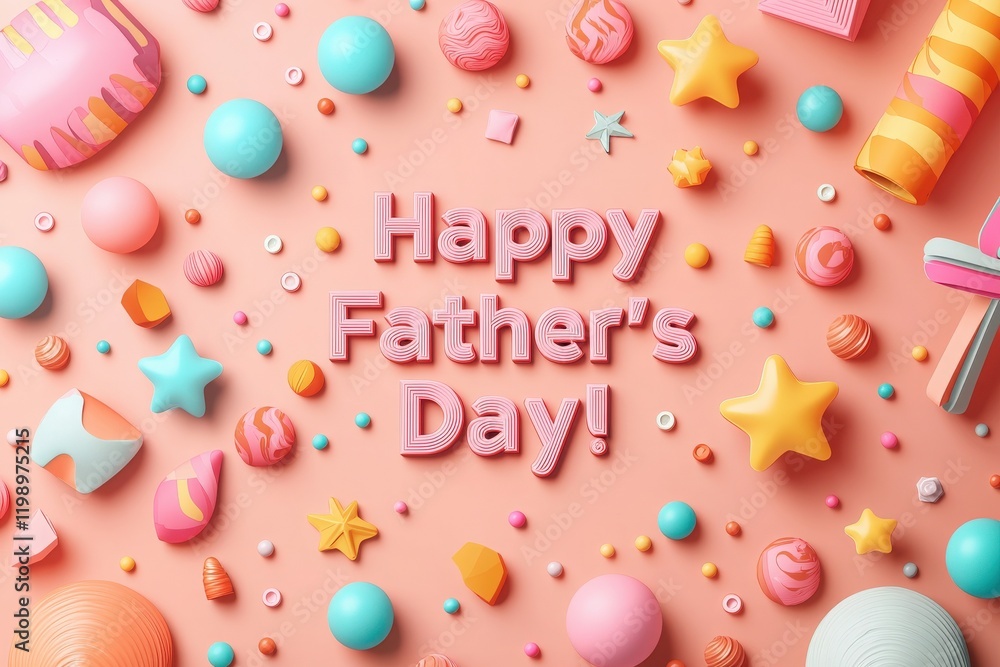 Festive arrangements for Fathers Day feature various colorful shapes and sweet decorations on a bright background. A joyful atmosphere is created with vibrant, playful designs.
