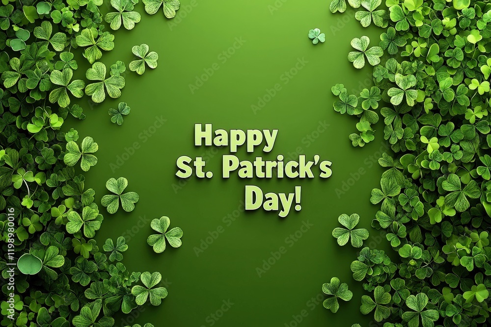 Festive clovers adorn a deep green background, creating a joyful atmosphere for St. Patricks Day celebrations. The message invites everyone to join in the holiday spirit.