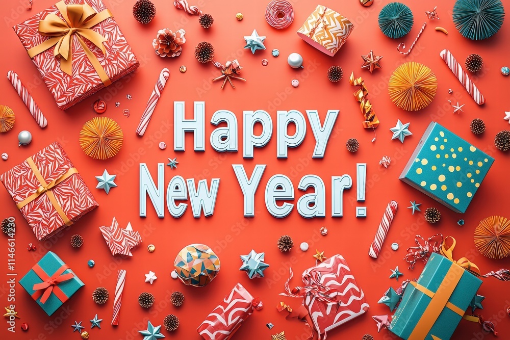 Festive decorations and assorted wrapped gifts adorn a bright orange background, celebrating the arrival of the new year. Text stating Happy New Year stands out amidst the joyful setup.