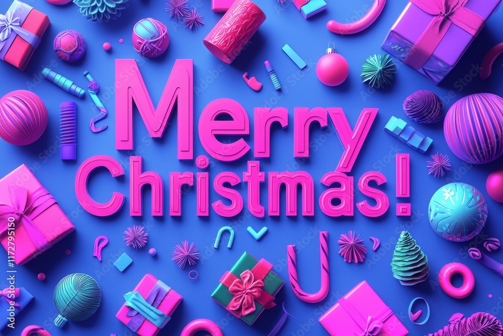 Festive decorations and brightly wrapped gifts are arranged on a vivid blue surface. Elements include ornaments, ribbons, and playful shapes, creating a joyful holiday atmosphere.