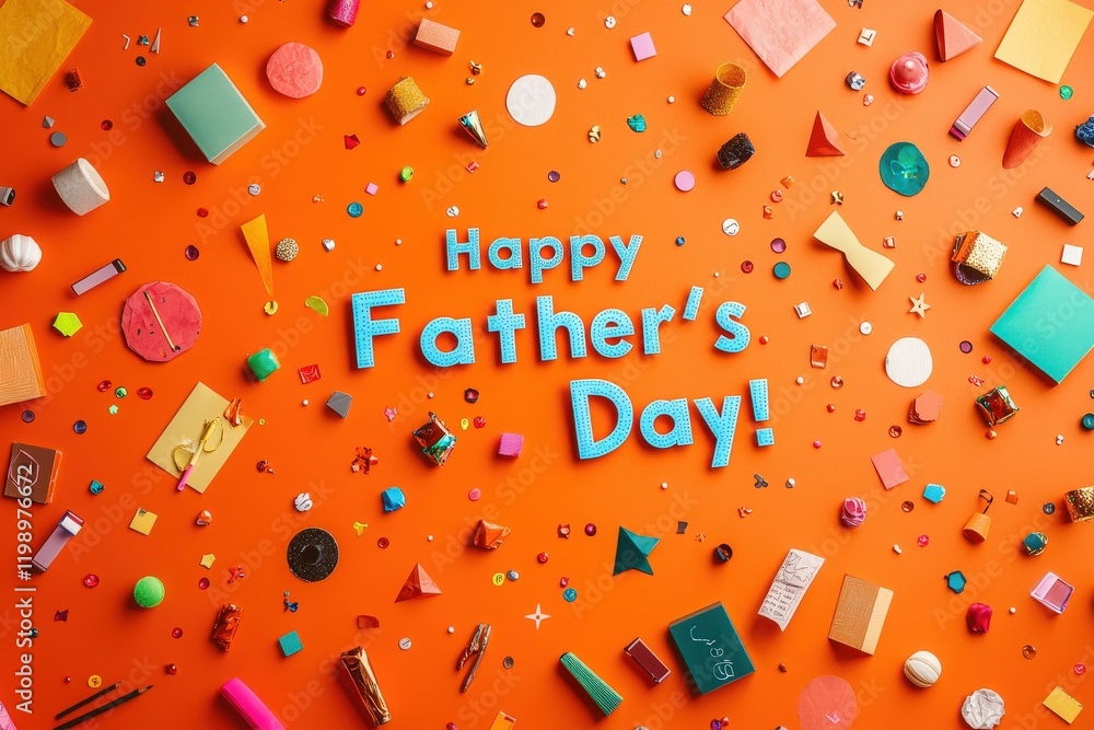 Festive decorations and gifts for Fathers Day are arranged on a bright orange background. Colorful items and playful designs create a joyful atmosphere for celebrating fathers.