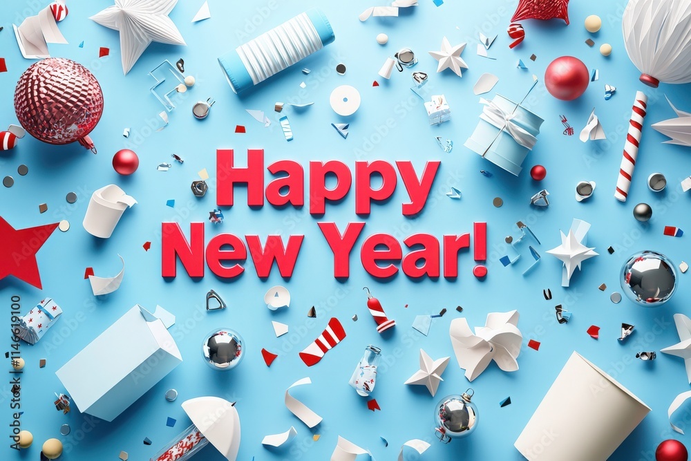 Festive decorations are scattered across a bright blue surface, featuring red and silver elements, stars, and cheerful messages, creating a vibrant atmosphere for New Year celebrations.