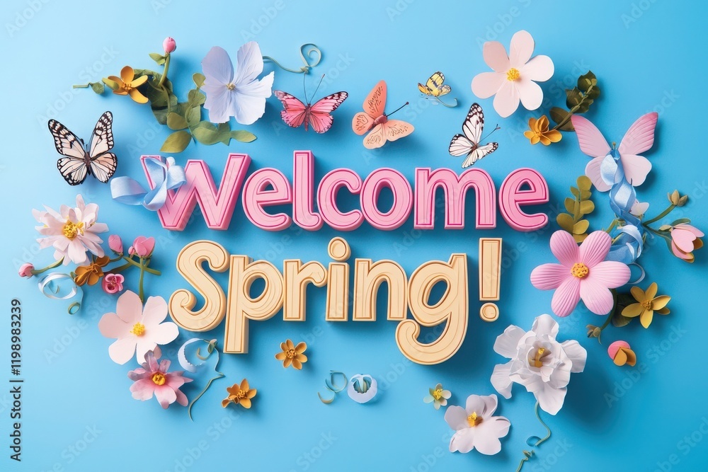 Festive decorations celebrate the arrival of spring with vibrant flowers, colorful butterflies, and cheerful lettering. The joyful arrangement showcases a variety of crafted elements in pastel colors.