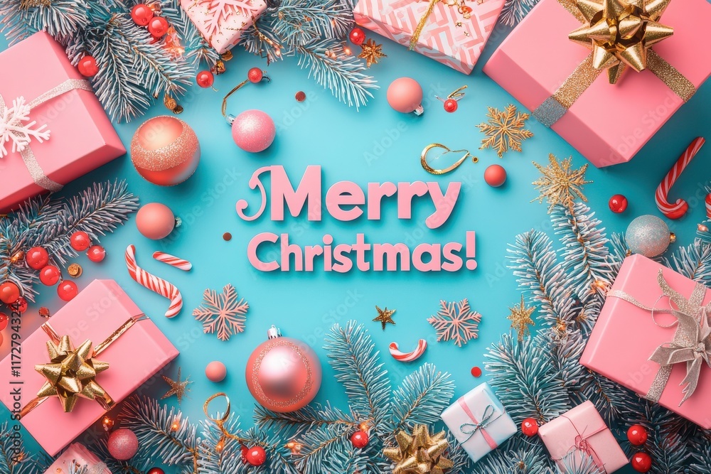 Festive decorations featuring pink gifts, shiny ornaments, and sparkling snowflakes are arranged on a bright blue background, creating a cheerful holiday atmosphere for Christmas celebrations.