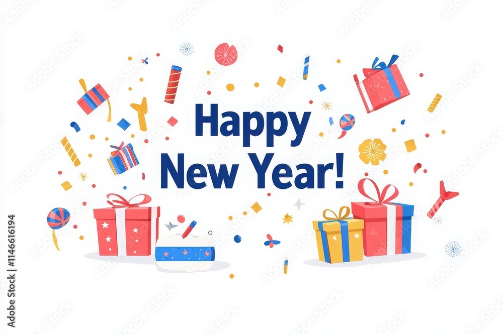 Festive decorations fill the background with colorful gifts and confetti. The cheerful greeting Happy New Year! is prominently displayed, reflecting a joyful celebration atmosphere.