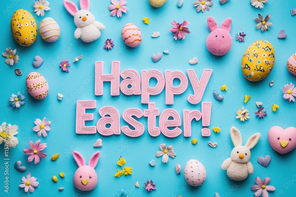 Festive decorations for Easter feature colorful eggs, plush bunnies, and vibrant flowers against a blue backdrop. Joyful symbols bring the spirit of spring and celebration to life.